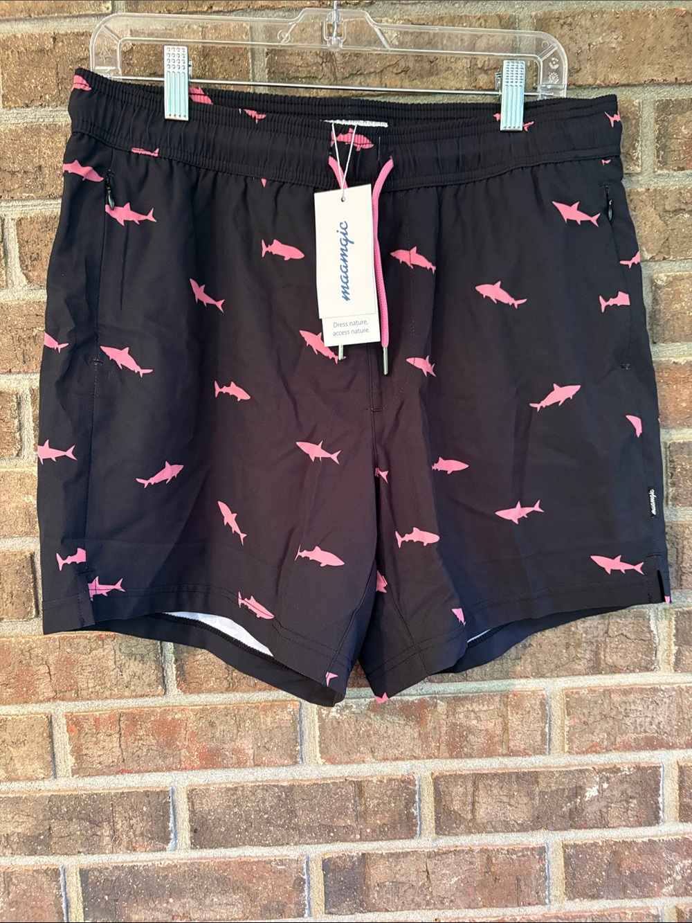 Maamgic Men’s Black Swim Trunks with Pink Shark Print NWT